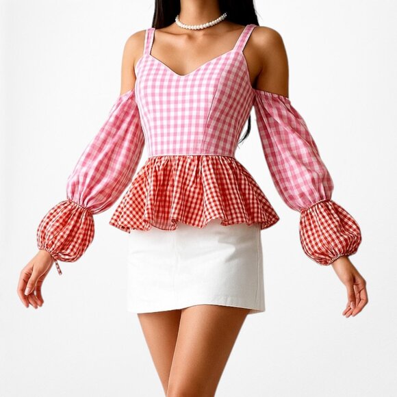 Pink Red Cold Shoulder Plaid Checkered Long Puffy Sleeve Peplum Top Size XS - Picture 1 of 9